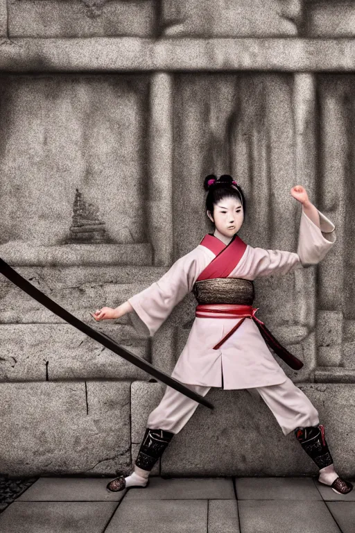 Image similar to highly detailed beautiful photo of a young female samurai, practising sword stances in a ancient temple, symmetrical face, beautiful eyes, realistic anime art style, 8 k, award winning photo, pastels, action photography, 1 / 1 2 5 shutter speed, dramatic lighting