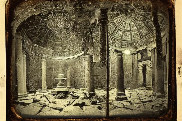 Image similar to daguerreotype depicting a temple of chaos mosque of perfection pantheon of frenzy house of iorr temple of aus the mirror garden the origin realm the true tree