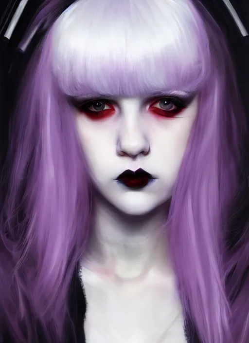 Image similar to portrait of white teenage girl, normal face, white bangs, mall goth, cyberlox, black and white hair, bangs, fluffy bangs, red contact lenses, purple lipstick, intricate, elegant, highly detailed, digital painting, artstation, concept art, sharp focus, smooth, illustration, art by wlop, mars ravelo and greg rutkowski