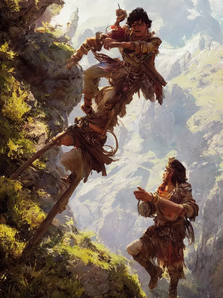 Image similar to oil art close - up of young roma mage adventurer climbing down a cliffside in style of disco elysium character, gipsy jester character design from ravenloft, art by anders zorn, wonderful masterpiece by greg rutkowski, beautiful cinematic light, american romanticism by greg manchess, jessica rossier