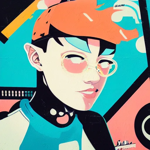 Prompt: Jet Grind Radio profile picture by Sachin Teng, asymmetrical, Organic Painting , Matte Painting, geometric shapes, hard edges, graffiti, street art:2 by Sachin Teng:4