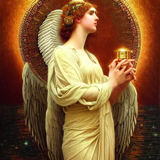 Prompt: highly detailed oil painting | very intricate | cinematic lighting | award - winning | the beautiful angel of jupiter wearing a flowing toga | by godward, by tom bagshaw, by j. c. leyendecker and klimt, beautiful cinematic light, american romanticism, by alphonse mucha, artstation, cgsociety, official art, octane