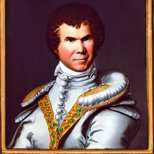 Image similar to A rococo portrait of Will Ferrell in a shining suit of armor, Jacques-Louis David, Réunion des Musées Nationaux, Louvre Catalogue photography