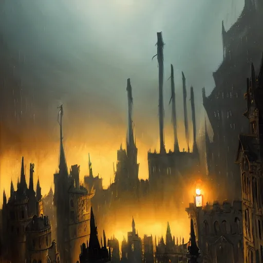 Image similar to fantasy dark medieval cityscape, painting, drone shot, lights in the dark, lanterns, fog, people in the streets, sharp roofs, small buildings, city wall, smoke, dark fantasy, magic the gathering, fantastic artwork, 4 k, trending on artstation, by greg rutkovski, high fantasy, barren landscape, fountains of blood