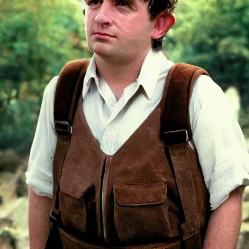 Prompt: close up headshot of a frowning clean shaven pudgy British lad with short curly dark brown hair as a hobbit wearing a white men's crossbody sling chest bag and blue vest, blue vest!! white crossbody chestbag!! high resolution film still, by Pamela Hanson