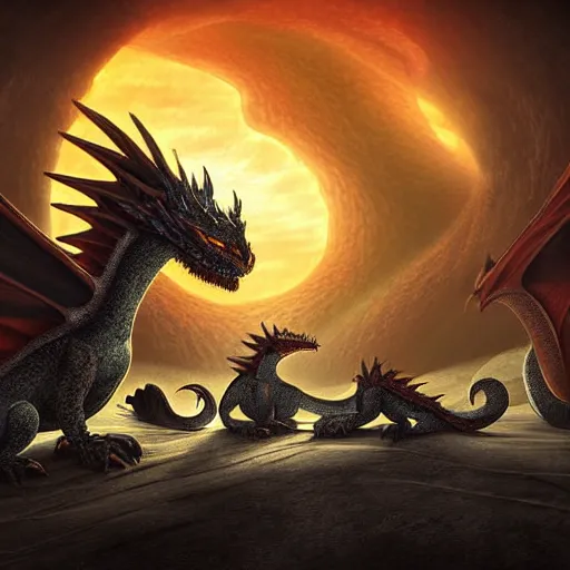 Prompt: family of dragons living in a base on the sun, digital art, highly detailed, epic composition, cinematic lighting