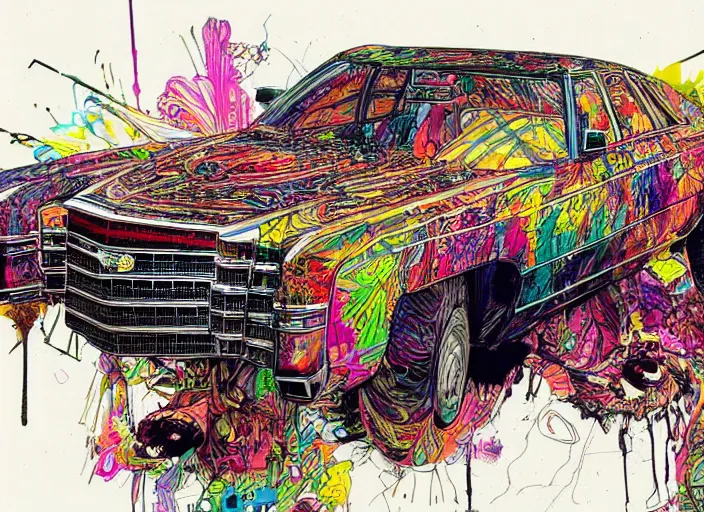 Prompt: psychedelic cadillac illustrations by ralph steadman and bill sienkiewicz and carne griffiths