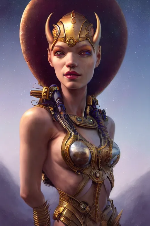 Prompt: portrait oils, beautiful female hybrid cyborg atlantean anubis hada elsa jean alien warrior, regal, realistic, refined, detailed, digital art, jessica rossier, michael cheval, esao andrews, steampunk, walt disney, francois boucher, oil painting, highly detailed, cinematic lighting, unreal, natural tpose