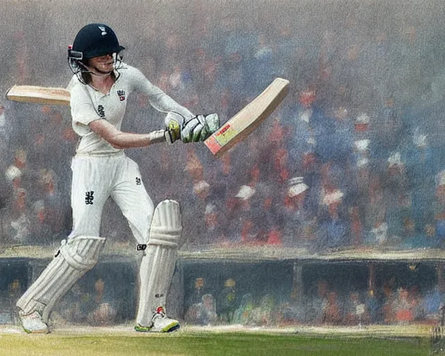 Prompt: emma watson opens the batting for england at lord's cricket ground, pil painting by greg rutkowski