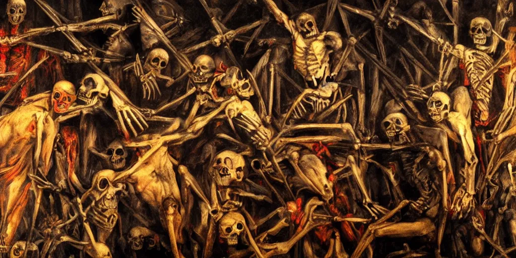 Prompt: dante's inferno painting, illuminati symbol, crows, skeletons, crosses, jesus, dark beauty, rotten gold, perfect faces, extremely detailed, cinema 4 d, unreal engine.