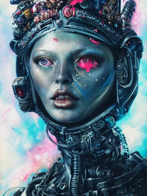 Prompt: art portrait of a space marine queen ,8k,by tristan eaton,Stanley Artgermm,Tom Bagshaw,Greg Rutkowski,Carne Griffiths, Ayami Kojima, Beksinski, Giger,trending on DeviantArt,face enhance,hyper detailed,minimalist,cybernetic, android, blade runner,full of colour,