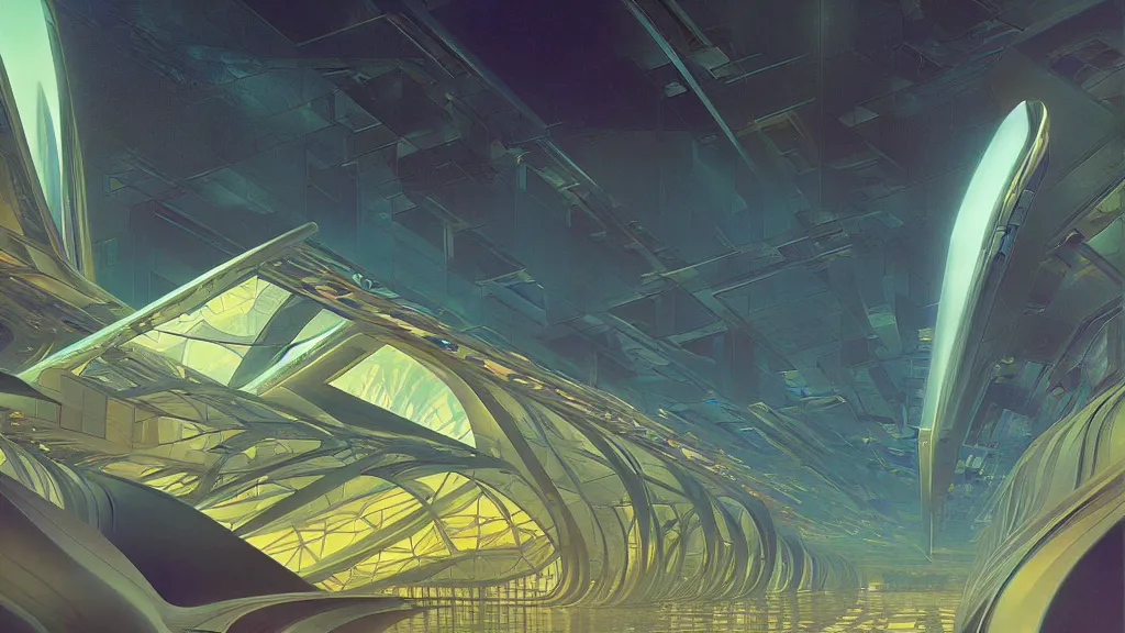 Image similar to digital render space science fiction digital painting. symmetry. bruce pennington. zaha hadid. beeple. john schoenher. syd mead. alphonse mucha. tim mcburnie