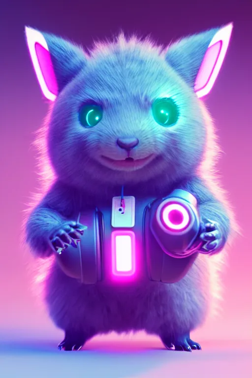 Image similar to high quality 3 d render neo - cyberpunk very cute half fluffy! wombat!! half cyborg with headphones, pastel mechanical! paw, highly detailed, unreal engine cinematic smooth, in the style of detective pikachu, hannah yata charlie immer, neon purple light, low angle, uhd 8 k, sharp focus