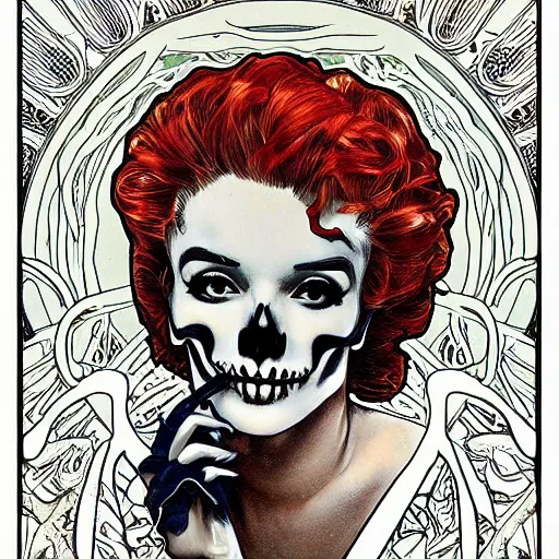 Image similar to manga skull portrait girl female skeleton marilyn monroe realism hyperrealistic art Geof Darrow and will cotton alphonse mucha pop art nouveau