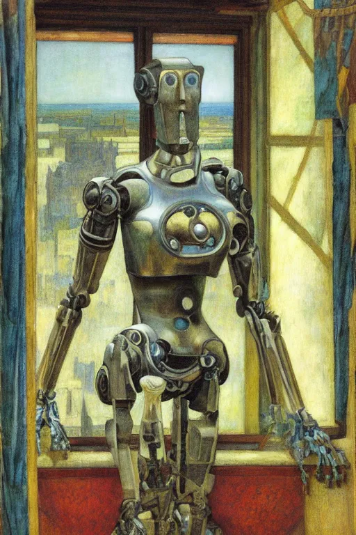 Image similar to the robot wearing her bone crown stands by the window , by Annie Swynnerton and Diego Rivera and Elihu Vedder, symbolist, dramatic lighting, elaborate geometric ornament, Art Brut, soft blues and greens,smooth, sharp focus, extremely detailed, Adolf Wölfli, octane render