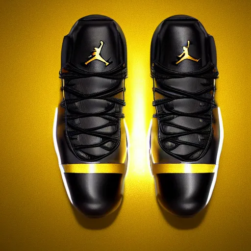 Prompt: jordan 1 1 sneakers. black and gold, bright, colorful, glossy, 3 d, arnold render, vray render, artstation, 4 k, very detailed, post processing