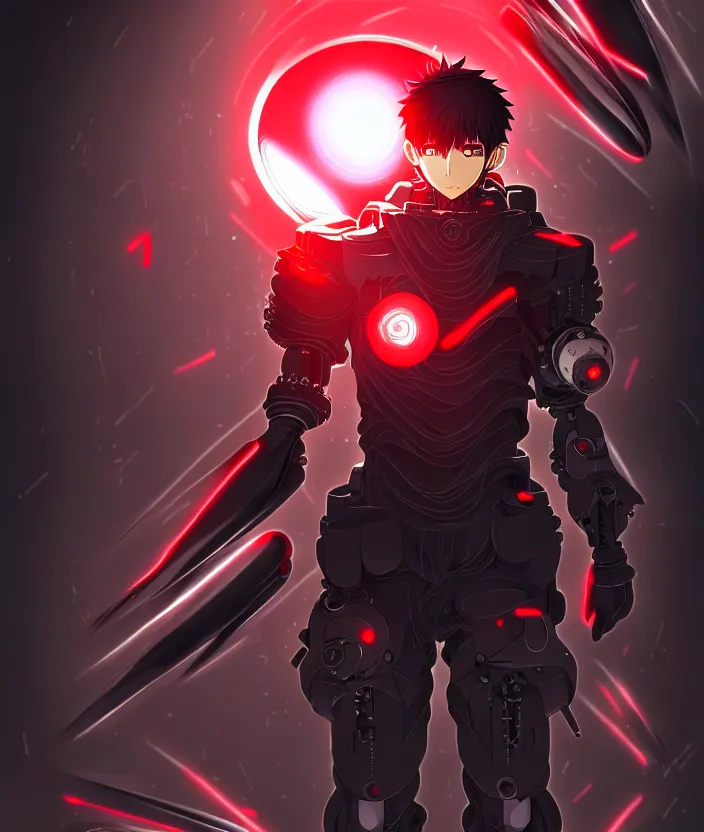 Image similar to a detailed manga illustration character full body portrait of a dark haired cyborg anime man who has a red mechanical eye, trending on artstation, digital art, 4 k resolution, detailed, high quality, sharp focus, hq artwork, insane detail, concept art, character concept, character illustration, full body illustration, cinematic, dramatic lighting