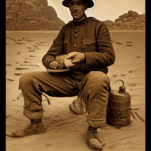 Image similar to a detailed photorealistic sepia - toned color portrait painting of a 1 9 1 7 worried clean - shaven british lieutenant in detailed field gear wearing a finely - detailed pith helmet in wadi rum examining an ancient cylindrical clay jar, ultra realistic, intricate details, atmospheric, dark, horror, brooding, highly detailed, by clyde caldwell