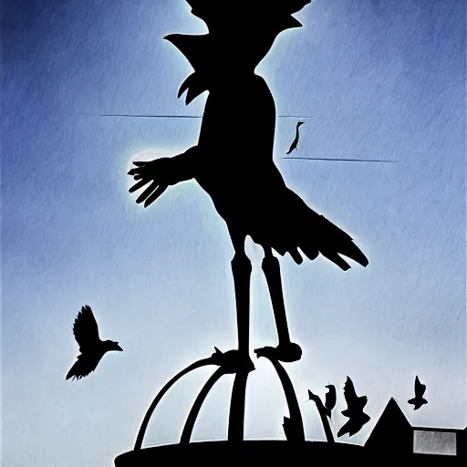 Image similar to A clown on the roof of the church playing with crows, futurist, digital art, dramatic lighting, symbolic