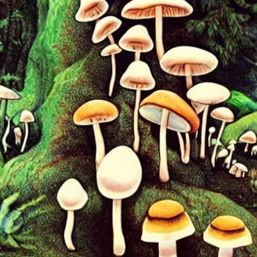 Image similar to mushrooms are the actual flying saucers, hallucination, psychedelics, dreamy, groovy, modern,