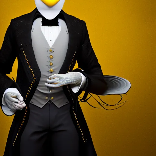 Image similar to a highly detailed portrait of a man in a high top hat covering his face, in a black tailcoat with a yellow waistcoat under the tailcoat, artstation, deviantart, professional, unreal engine 5, photorealistic