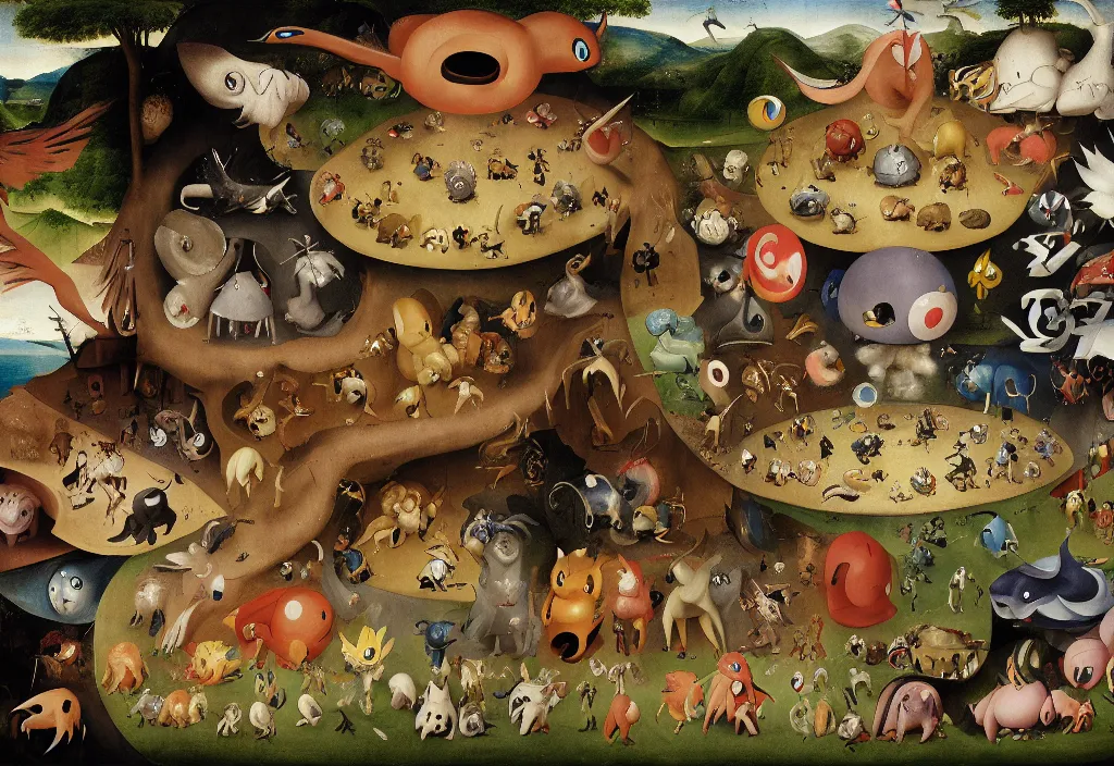 Prompt: painting of pokemon living in the wild by hieronymus bosch, high detail, 4 k