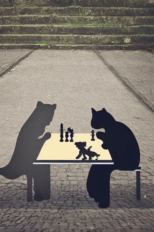 Prompt: Grim reaper and cat playing chess on a park table