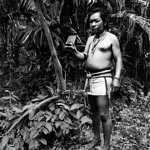 Image similar to Portrait of an Amazon indigenous tribe leader finding a cellphone in the middle of an ominous jungle, 1980s photography