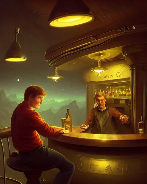 Prompt: medium - shot vislor turlough played by mark strickson at age 1 8, beautiful, at the alien space pub bar counter, highly detailed, mood lighting, artstation, highly detailed digital painting, smooth, global illumination, fantasy art by greg rutkowsky, karl spitzweg, leyendecker