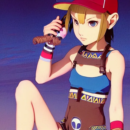 Image similar to beautiful boyish natalie portman gravure model in majora's mask, wearing wooden mask and baseball cap and leotard, street wear with subtle mayan patterns, aztec bathing suit, gapmoe yandere grimdark, trending on pixiv fanbox, painted by greg rutkowski makoto shinkai takashi takeuchi studio ghibli, akihiko yoshida