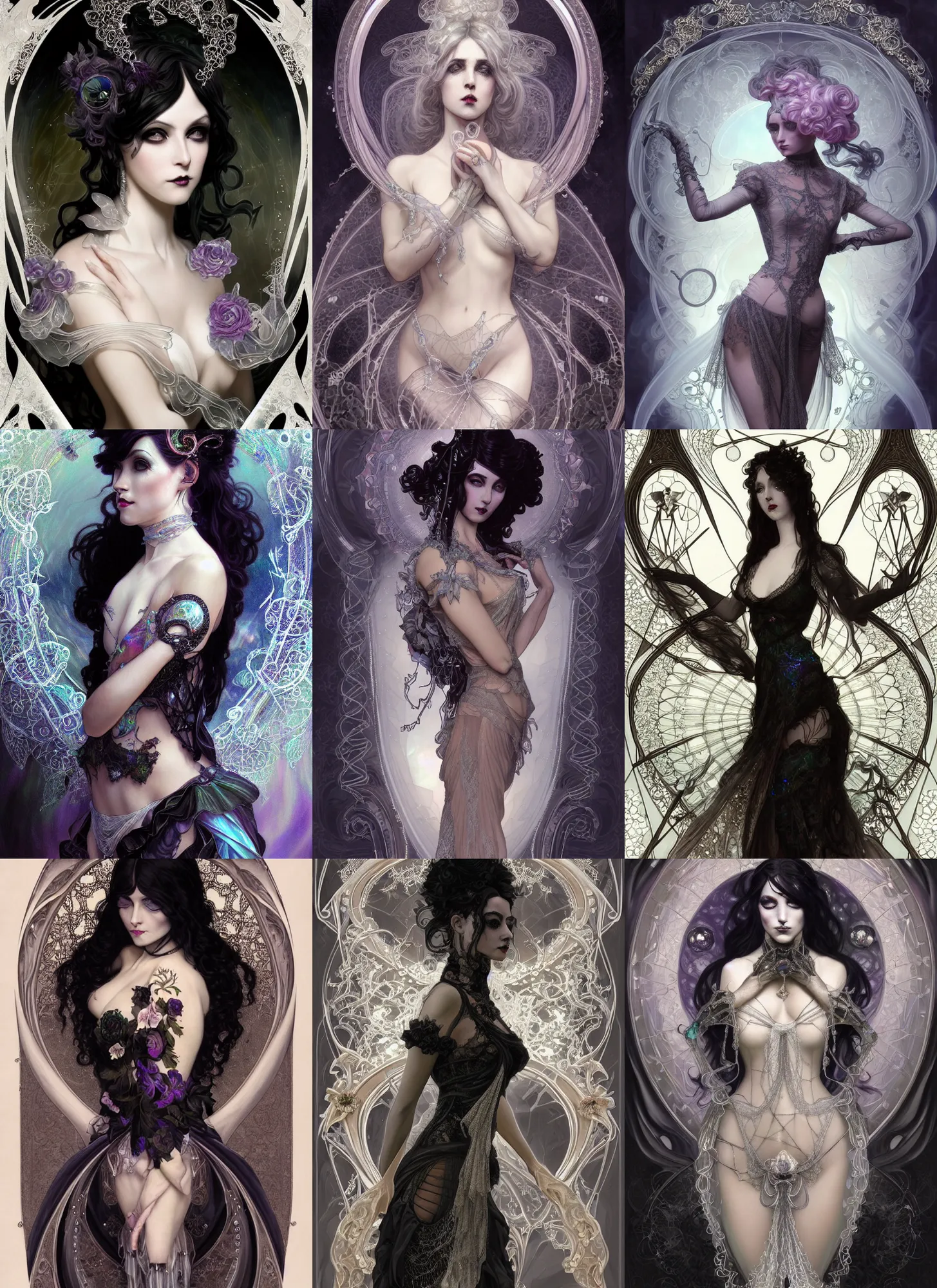 Prompt: gothpunk art nouveau rococo, iridescent diaphanous refractive and reflective crystal crystalline pearly, lace and ribbons, fullbody dynamic poses, fantasy, intricate, elegant, highly detailed, digital painting, artstation, concept art, matte, sharp focus, illustration, hearthstone, art by artgerm and greg rutkowski and alphonse mucha