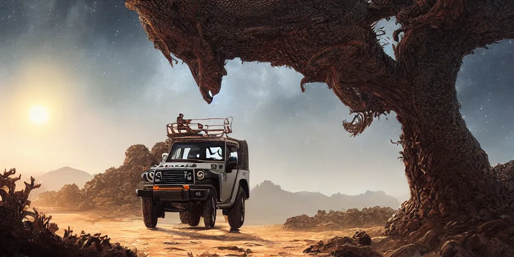 Prompt: mahindra thar riding through moonlit socotra island with dragon trees, starry night, chasing action scene, epic fantasy, sharp focus, trending on ArtStation, masterpiece, by Greg Rutkowski, by Ross Tran, by Fenghua Zhong, corona render, soft render, ultrarealistic, colorful, cinematic, shadow of the tomb rider