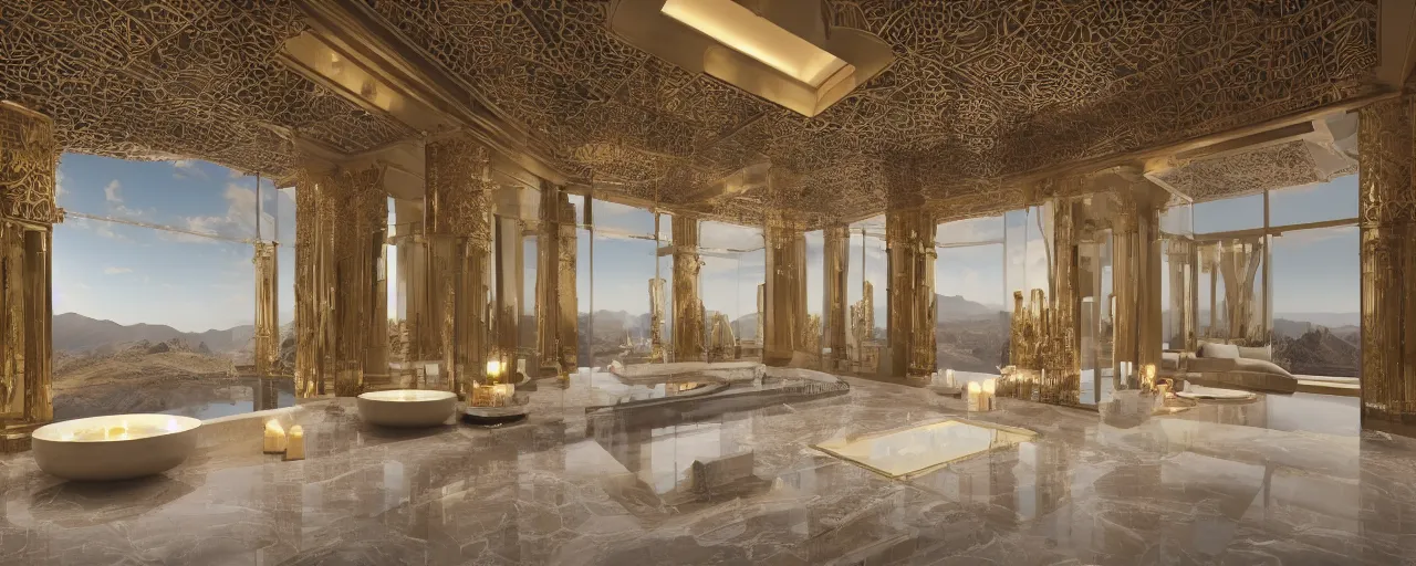 Image similar to photo of a cinematic interior of a triple height hyper luxury spa with everything made of gold, candles, windows with view to desert mountains and river, beige stone marble floor with reflection, small wellness relaxation pool, intricate hieroglyph detailed roof, contemporary design, fractal sacred geometry, 8 k, hyperrealistic, photorealism,