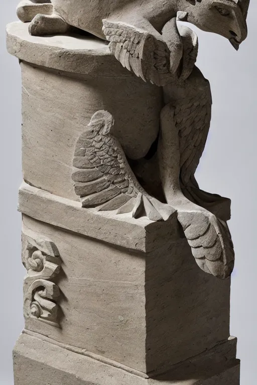 Image similar to a stone sculpture of a winged panther sitting on a pedestal with intricate carvings and fine detail