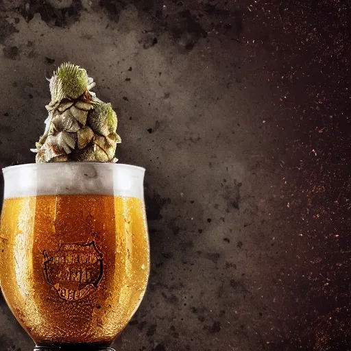 Prompt: hop cone juice, new england ipa, highly detailed silver nitrate photo, gold accents, smoky bar, surreal, intricate complexity, horror, trending on art station, photoreal, 8 k, octane render