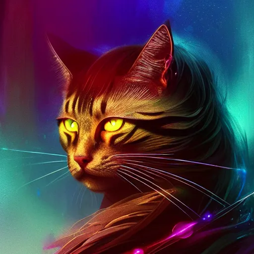 Prompt: beautiful rainbow cat. intricate portrait, occult cyberpunk, ancient futuristic, dark art, occult. by Petros Afshar, by artgerm, by Eddie Mendoza, by Peter mohrbacher, octane render, 3d, unreal engine, depth of field, bokeh, motion blur, blur