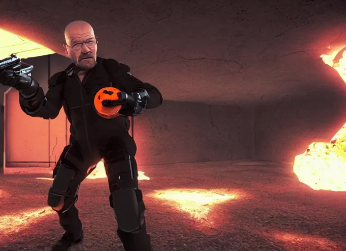 Image similar to film still of Walter White as Gordan Freeman wearing a black HEV suit with a glowing orange black mesa logo in front holding a gravity gun in the Half Life Movie, 4k