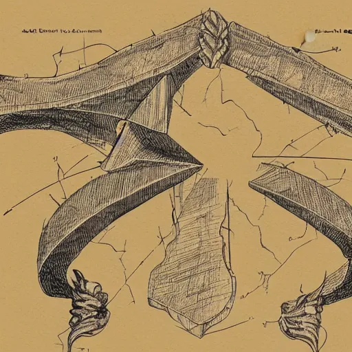 Prompt: technical drawing of a cursed bow made of human flesh, weapon design, delicate, detailed map, notes, scribbles, old paper