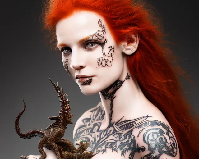 Prompt: 5 5 mm portrait of an armored gorgeous anesthetic redhead woman with a face tattoo and horns growing from her head, and small dragon sitting on her shoulder in a magical forest in the style of stefan kostic, art by luis royo. highly detailed 8 k. intricate. lifelike. soft light. nikon d 8 5 0. cinematic post - processing