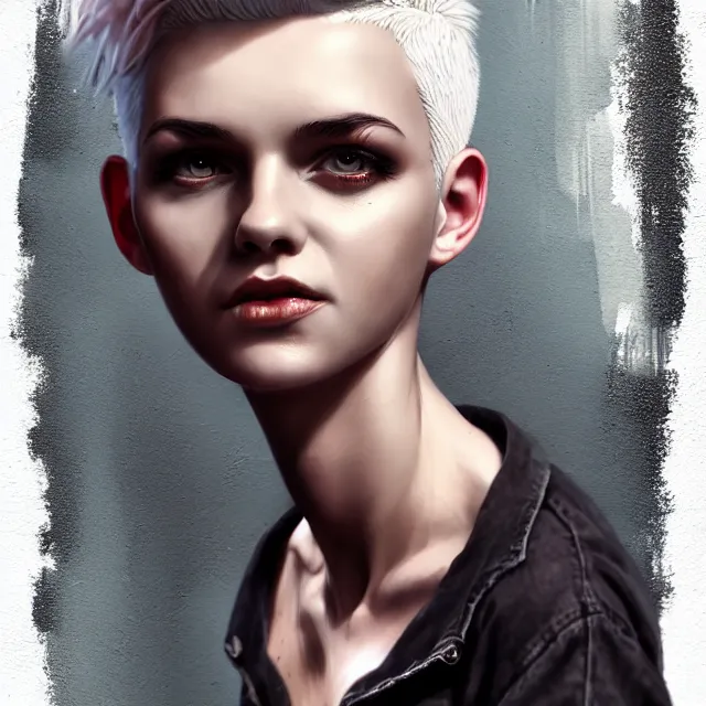 Prompt: full body pose, beautiful adult woman, short white hair shaved sides, dirty, grungy, grunge, long sleeve, painted overalls, stacks of giant books, highly detailed, 4 k, hdr, smooth, sharp focus, high resolution, award - winning photo, artgerm, photorealistic