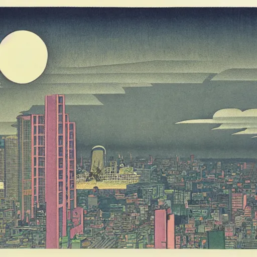 Image similar to full size moon bathing a futuristic Tokyo in light by by Hasui Kawase and Lyonel Feininger