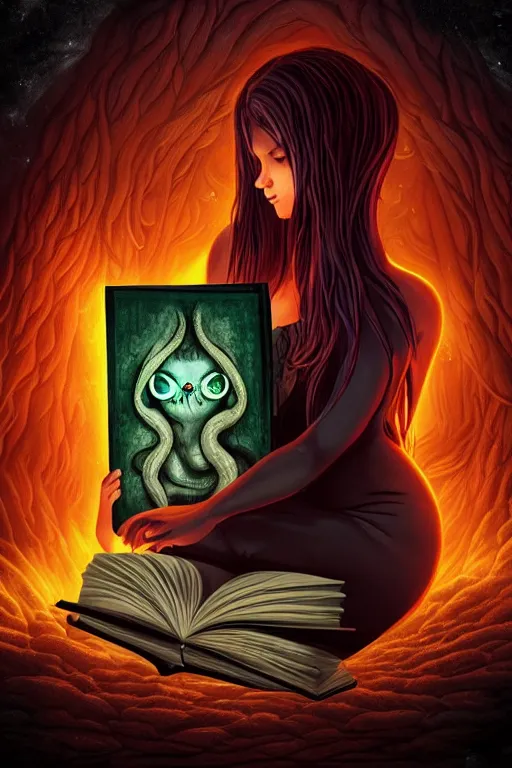 Image similar to romantic photo of bright girl, her cat and her book of necronomicon, symmetrical, cinematic, real dlsr photography, sharp focus, 4 k, ultra hd, sense of awe, sinister demonic atmosphere, dreadful, forbidden knowledge, old gods, cthulhu, yog - sothoth! yah, yah, yah! cultist journal cover