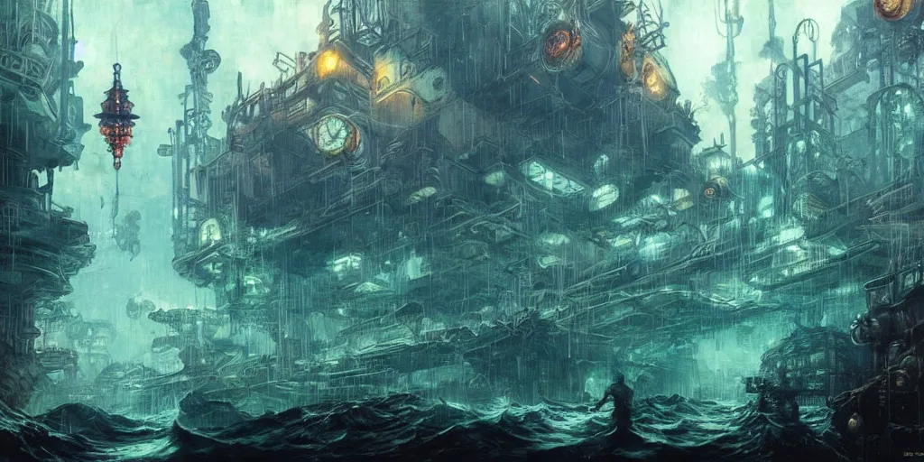 Image similar to concept art of a underwater city, bioshock style, rapture, dark atmosphere, hanafuda oil on canvas by ivan shishkin, james jean and yoji shinkawa