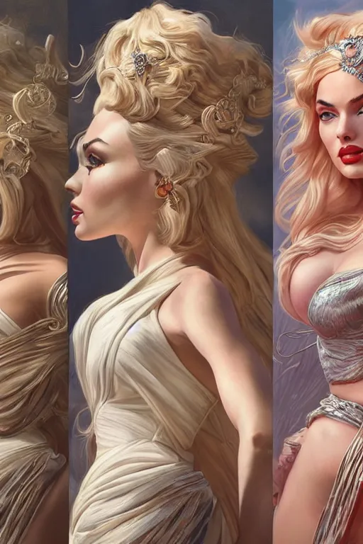 Image similar to ultra realistic illustration, a stunningly beautiful greek goddess of chaos played by marilyn monroe and dove cameron and margot robbie and taylor swift and megan fox, intricate, elegant, highly detailed, digital painting, artstation, concept art, smooth, sharp focus, illustration, art by artgerm and greg rutkowski and alphonse mucha