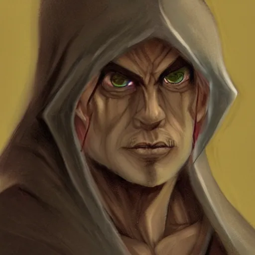 Image similar to Character portrait, face close up: Elf Male Monk/Ranger. Hooded, shadow and gloom. In the style of Ralph Horsley