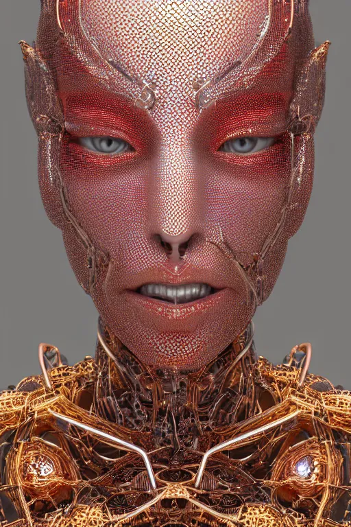 Image similar to intricate image of a complex robotic human face, liquid simulation background, dramatic lighting, silver gold red details, hexagonal mesh wire, filigree intricate details, cinematic, fleshy musculature, elegant, octane render, 8k post-processing, by Yoshitaka Amano, Daytoner, Greg Tocchini