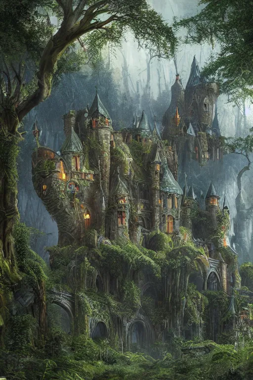 Image similar to fairy palace-castle, towers, gnarly trees, lush vegetation, forrest, landscape, raphael lacoste, eddie mendoza, alex ross, concept art, matte painting, highly detailed, rule of thirds, dynamic lighting, cinematic, detailed, denoised, centerd