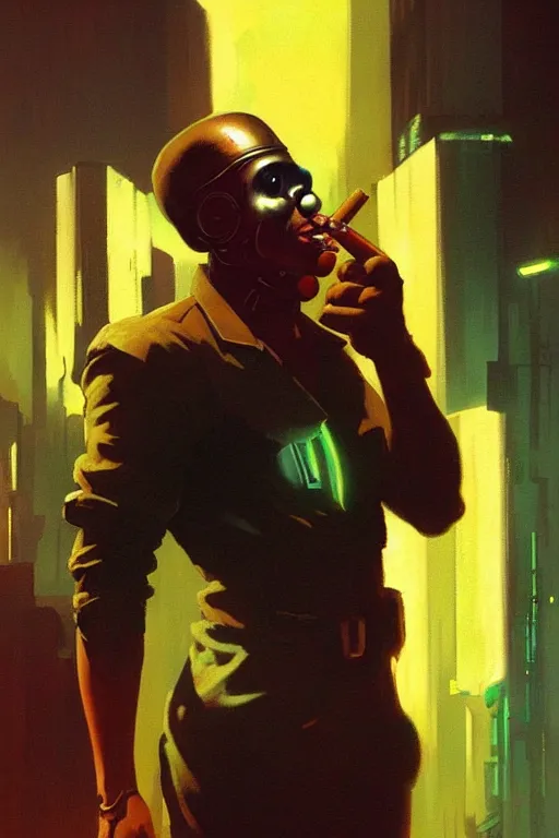 Image similar to An android smoking a single cigar in a cyberpunk setting, by Frank Frazetta, dramatic lighting, high contrast colours, as trending on Artstation, highly detailed,