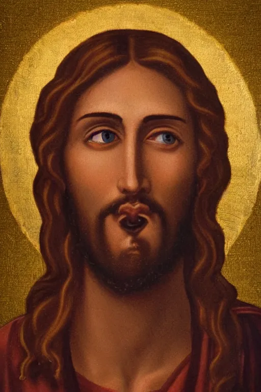 Image similar to Portrait of Jesus with traces of chocolate around his mouth, 8k, photorealism