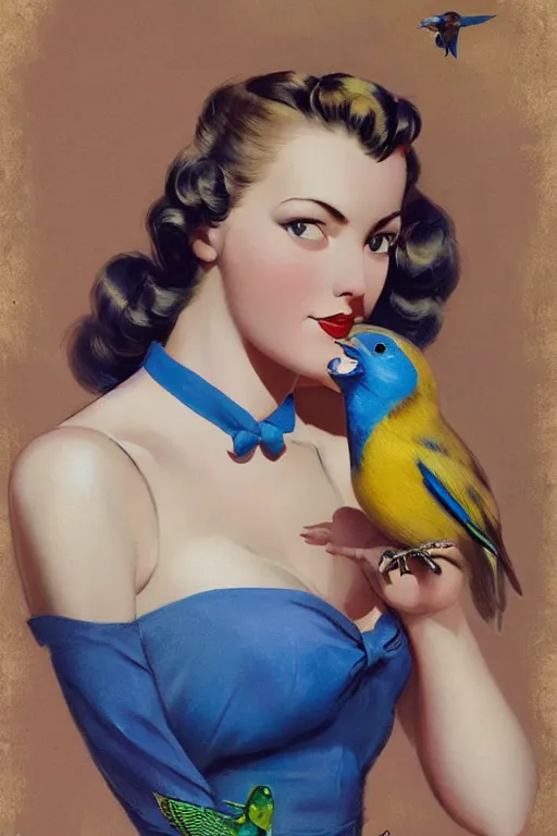 Image similar to portrait of 1 9 4 0 s blond pinup girl holding an indigo bunting, bird, the bird is wearing a bowtie, by greg rutkowski, rossdraws, gil elvgren, enoch bolles, porcelain skin, glistening, very coherent,